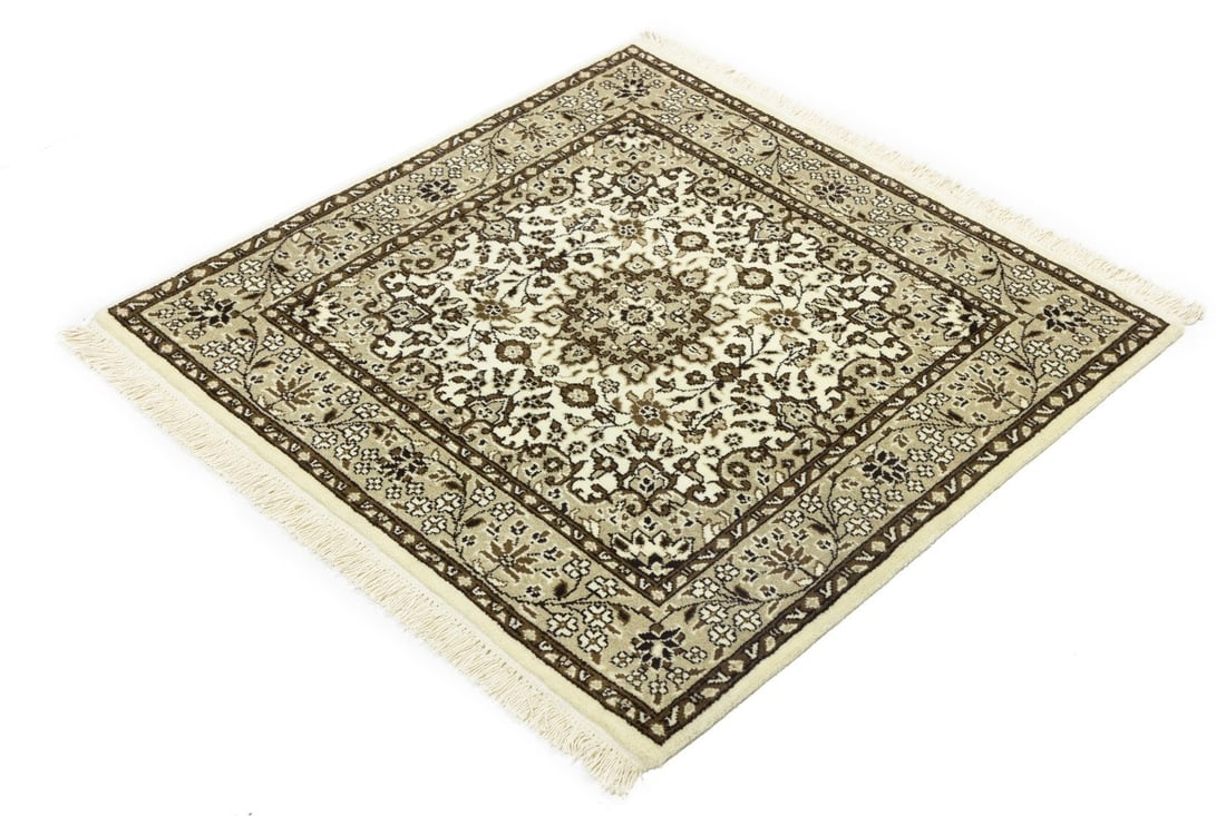 Cream Brown Floral 3X3 Kirman Oriental Square Rug - 4