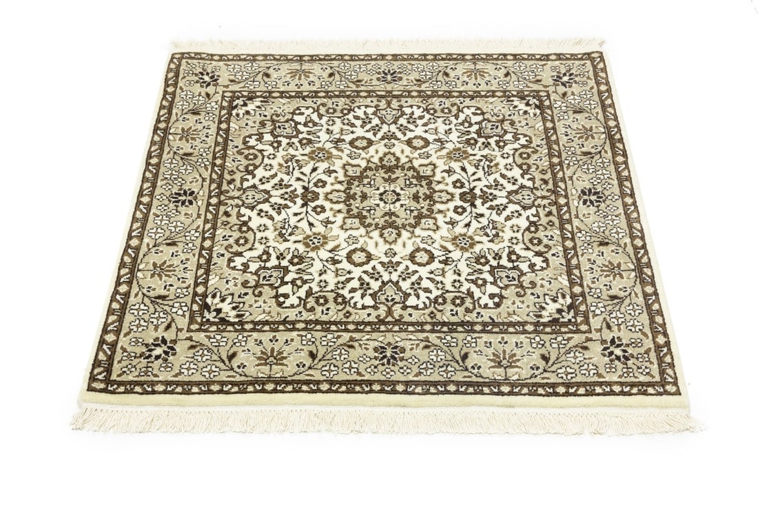Cream Brown Floral 3X3 Kirman Oriental Square Rug - 5