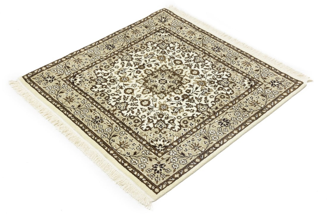 Cream Brown Floral 3X3 Kirman Oriental Square Rug - 6
