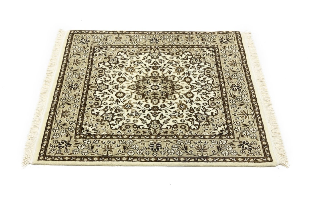 Cream Brown Floral 3X3 Kirman Oriental Square Rug - 7