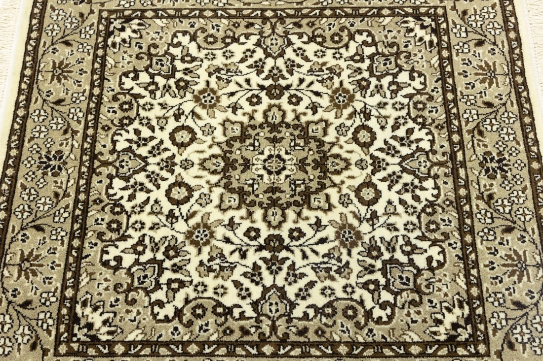Cream Brown Floral 3X3 Kirman Oriental Square Rug - 8