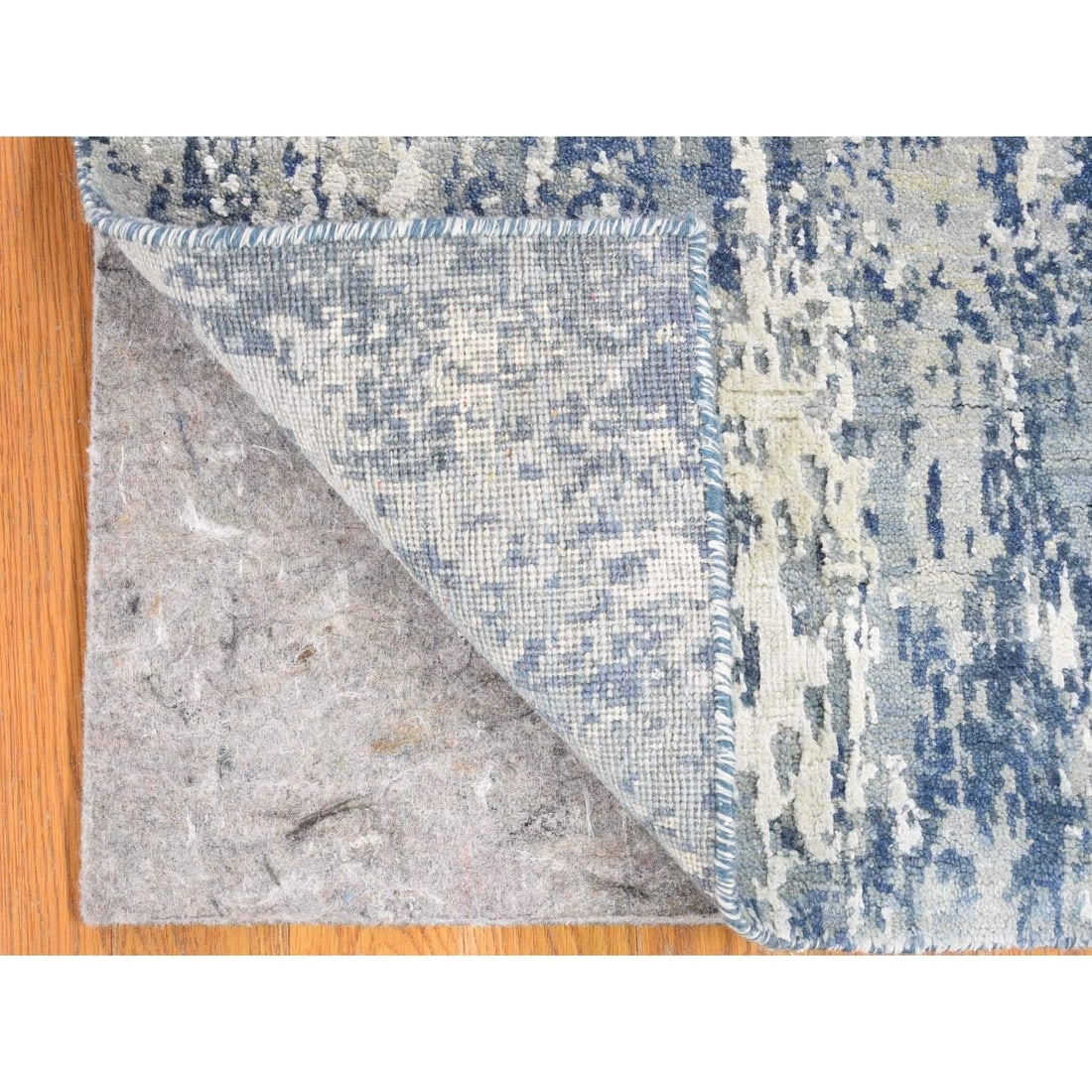 Hand Knotted Denim Blue Abstract Design Wool and Real Silk Runner Rug - 2