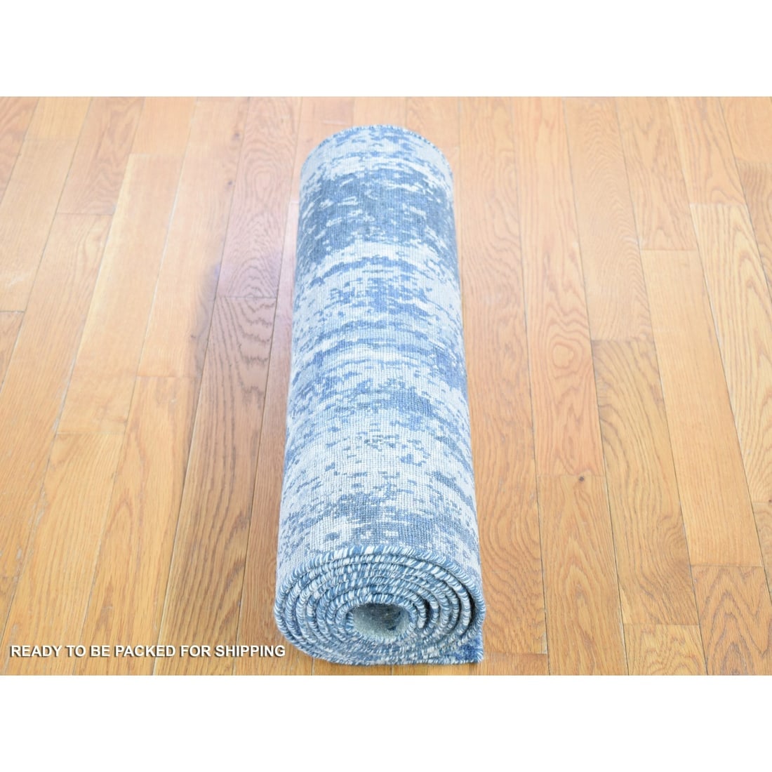 Hand Knotted Denim Blue Abstract Design Wool and Real Silk Runner Rug - 6
