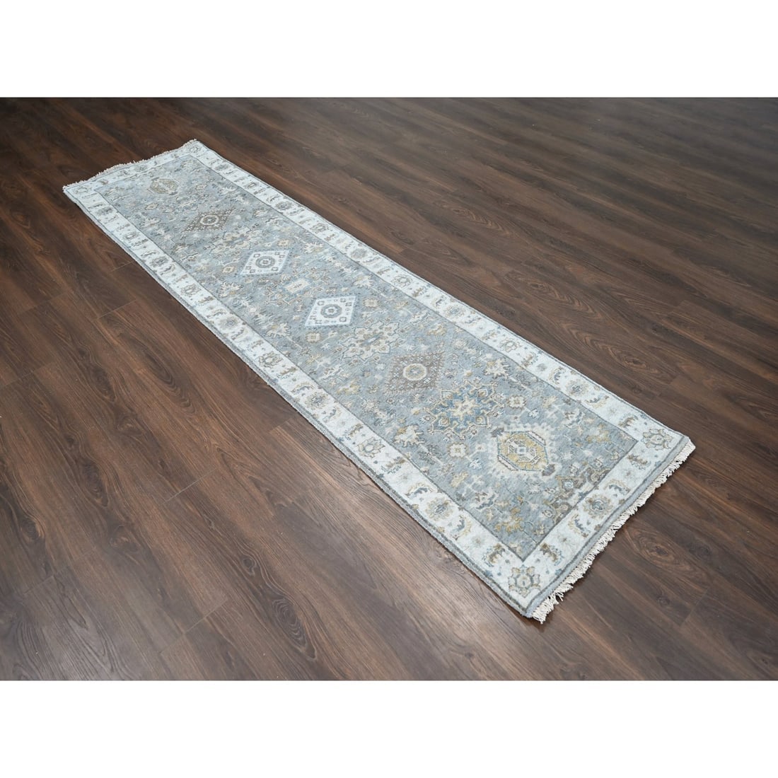 Medium Gray, Karajeh Design, Natural Wool, Hand Knotted, Runner Rug - 2