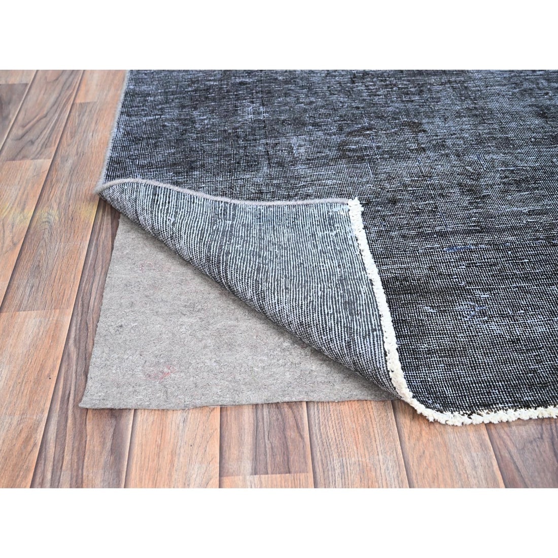 Vulcan Black Hand Knotted Tebraz Evenly Worn Shiny Wool Oriental Rug - 4