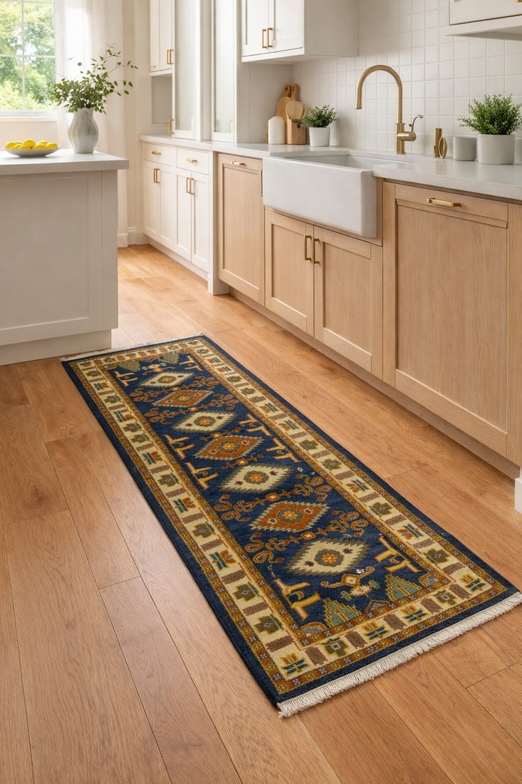 Blue Geometric 3X8 Kazak Oriental Runner Rug - 2
