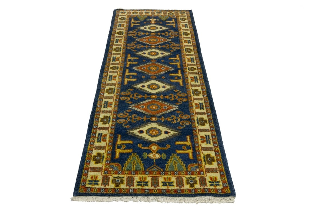 Blue Geometric 3X8 Kazak Oriental Runner Rug - 3