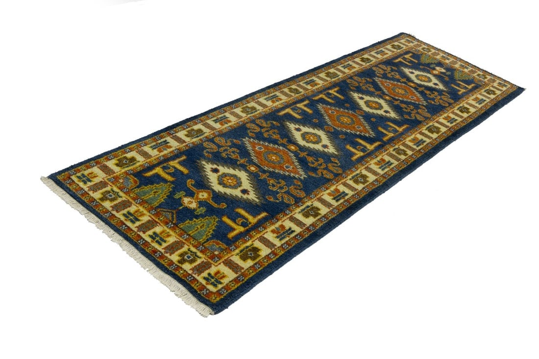 Blue Geometric 3X8 Kazak Oriental Runner Rug - 4