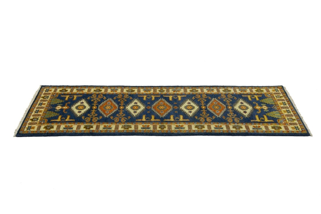 Blue Geometric 3X8 Kazak Oriental Runner Rug - 7