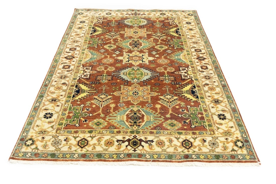 Rust and Cream Tribal Geometric 5X8 Indo-Karajeh Oriental Rug - 3
