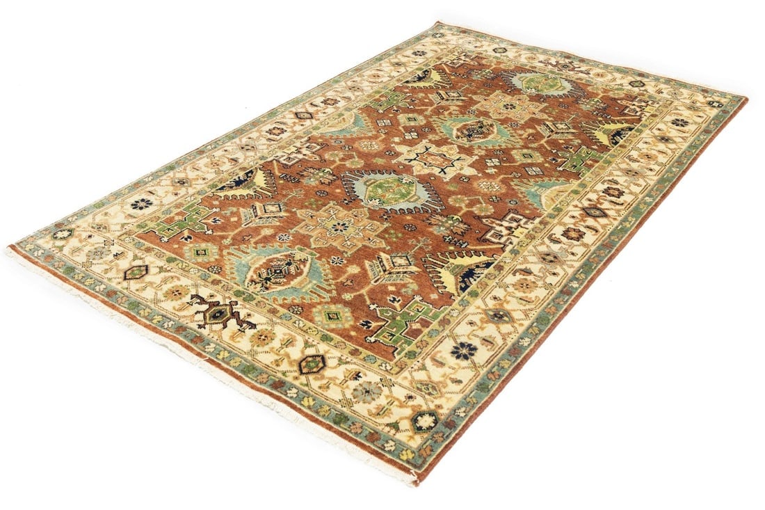 Rust and Cream Tribal Geometric 5X8 Indo-Karajeh Oriental Rug - 4