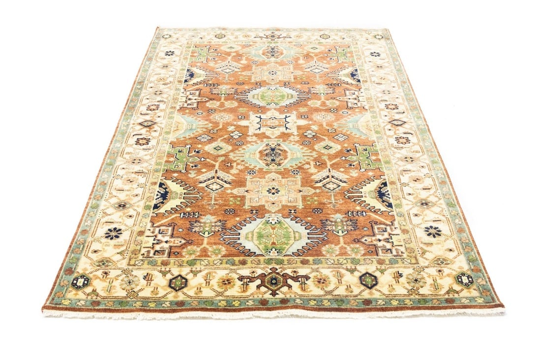 Rust and Cream Tribal Geometric 5X8 Indo-Karajeh Oriental Rug - 5