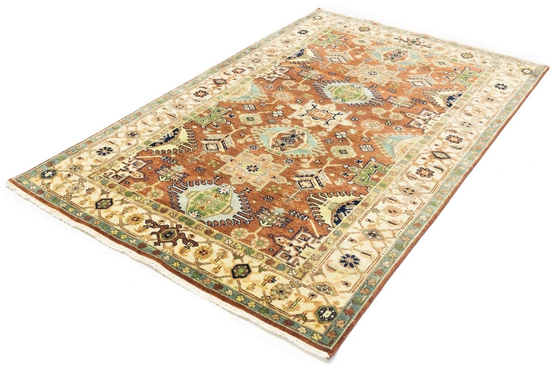 Rust and Cream Tribal Geometric 5X8 Indo-Karajeh Oriental Rug - 6