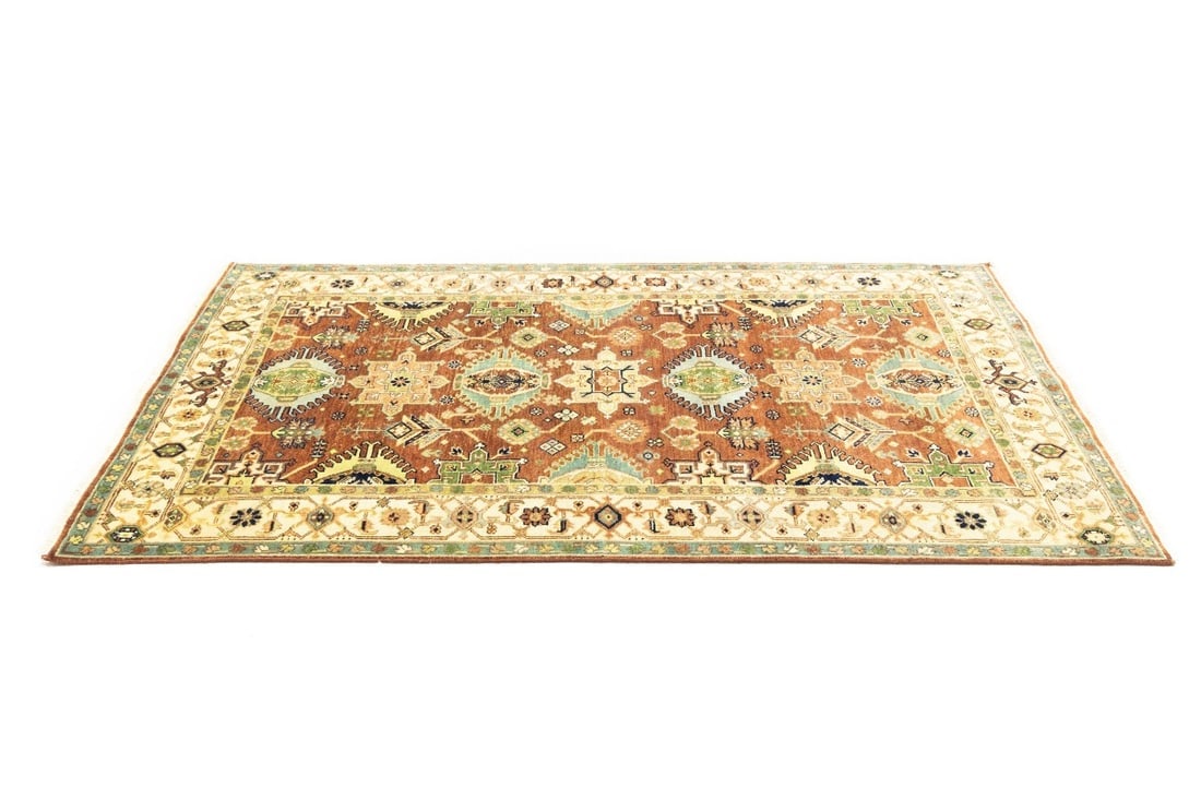 Rust and Cream Tribal Geometric 5X8 Indo-Karajeh Oriental Rug - 7
