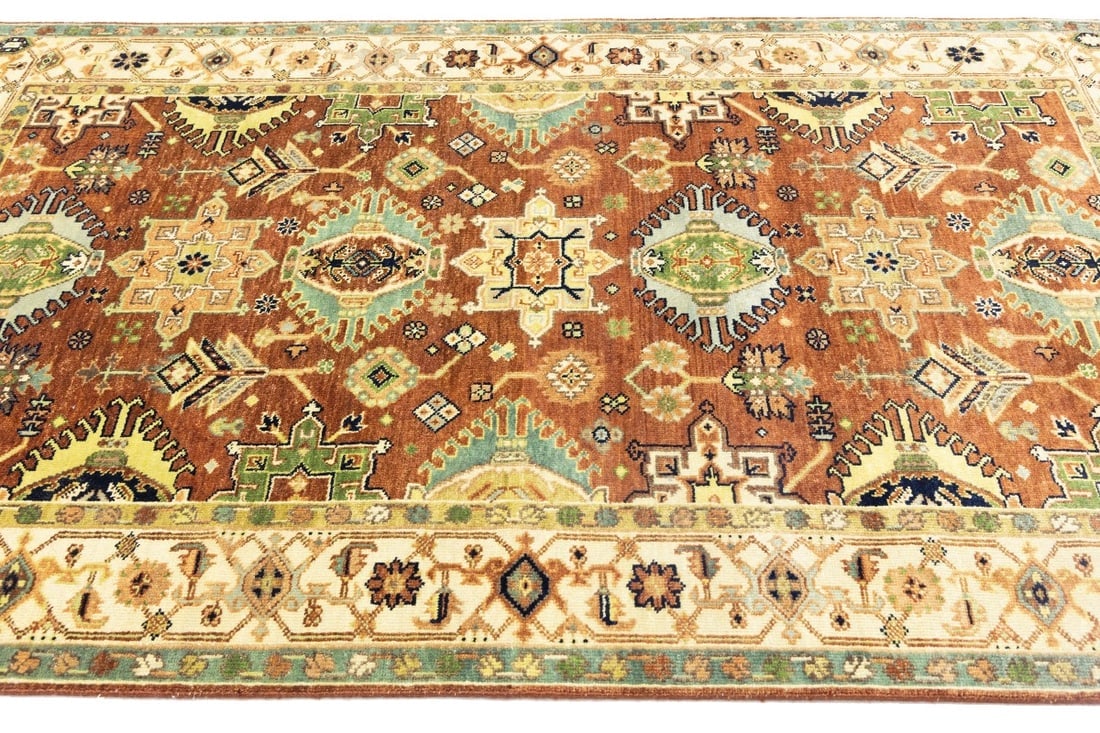 Rust and Cream Tribal Geometric 5X8 Indo-Karajeh Oriental Rug - 8