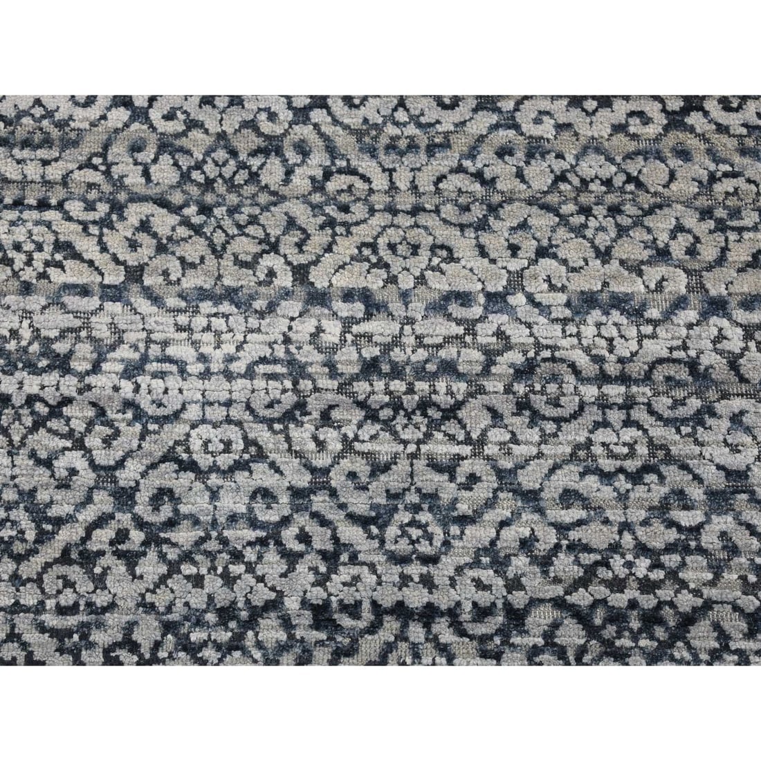 Blue, Modern Damask Design Hand Knotted, Wool and Silk Runner Rug - 2