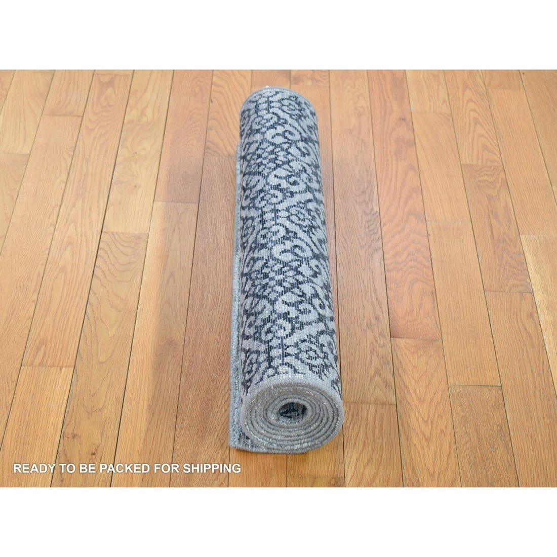 Blue, Modern Damask Design Hand Knotted, Wool and Silk Runner Rug - 5