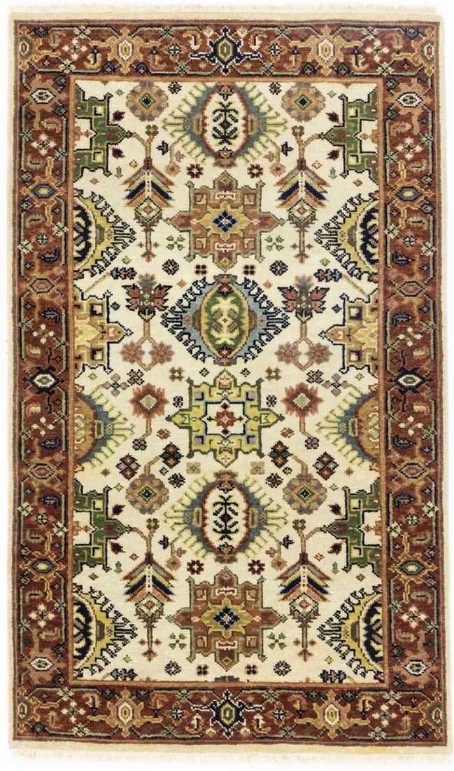Cream and Rust Tribal Geometric 3X5 Indo-Karajeh Oriental Rug: Title: Cream and Rust Tribal Geometric 3X5 Indo-Karajeh Oriental Rug Description:Handmade 3X5 cream oriental rug made with natural dyes (fine wool pile and cotton foundation), superior knot count,