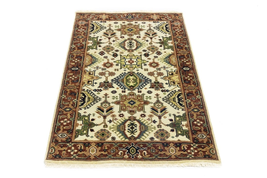 Cream and Rust Tribal Geometric 3X5 Indo-Karajeh Oriental Rug - 3