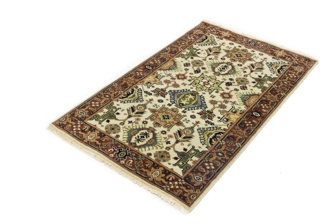Cream and Rust Tribal Geometric 3X5 Indo-Karajeh Oriental Rug - 4