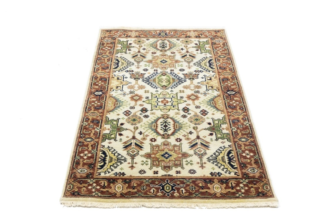 Cream and Rust Tribal Geometric 3X5 Indo-Karajeh Oriental Rug - 5