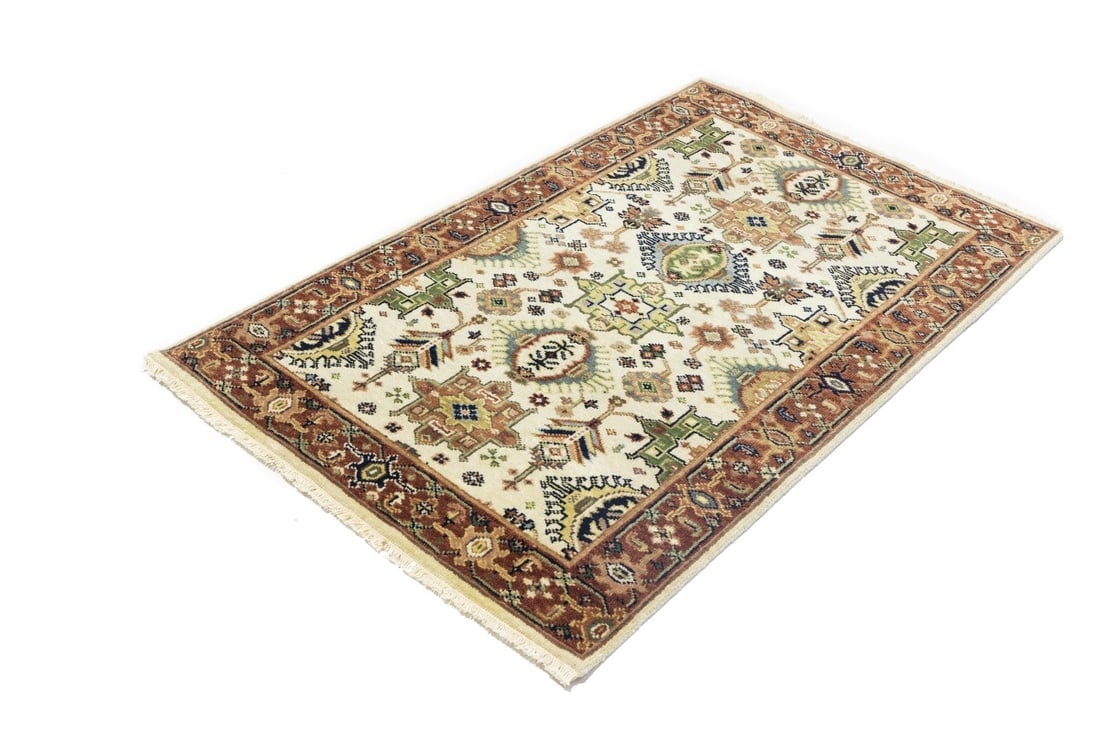 Cream and Rust Tribal Geometric 3X5 Indo-Karajeh Oriental Rug - 6