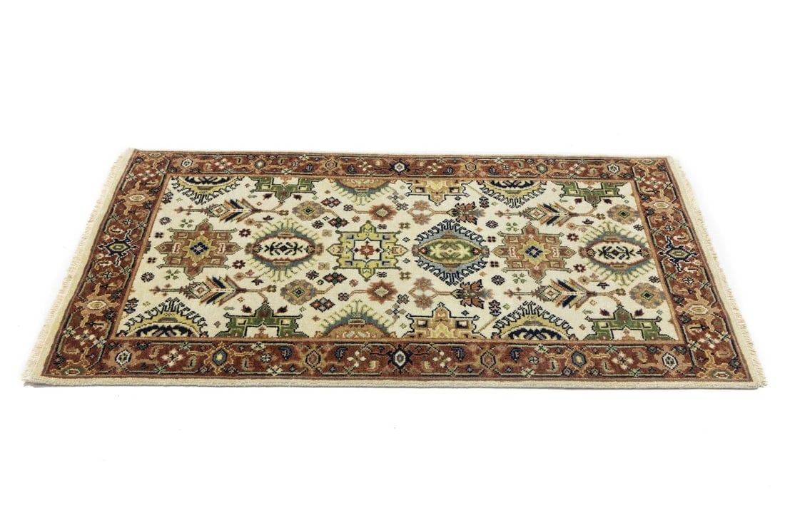 Cream and Rust Tribal Geometric 3X5 Indo-Karajeh Oriental Rug - 7