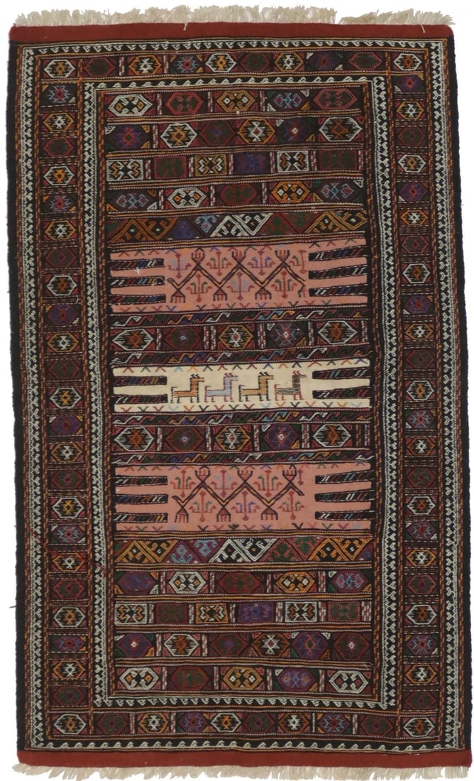 Charcoal Pink Tribal 3X6 Sumak Herati Persian Rug: Title: Charcoal Pink Tribal 3X6 Sumak Herati Persian Rug Description:Handmade 3X6 charcoal Persian rug made with natural dyes (fine wool pile and cotton foundation), superior knot count, and