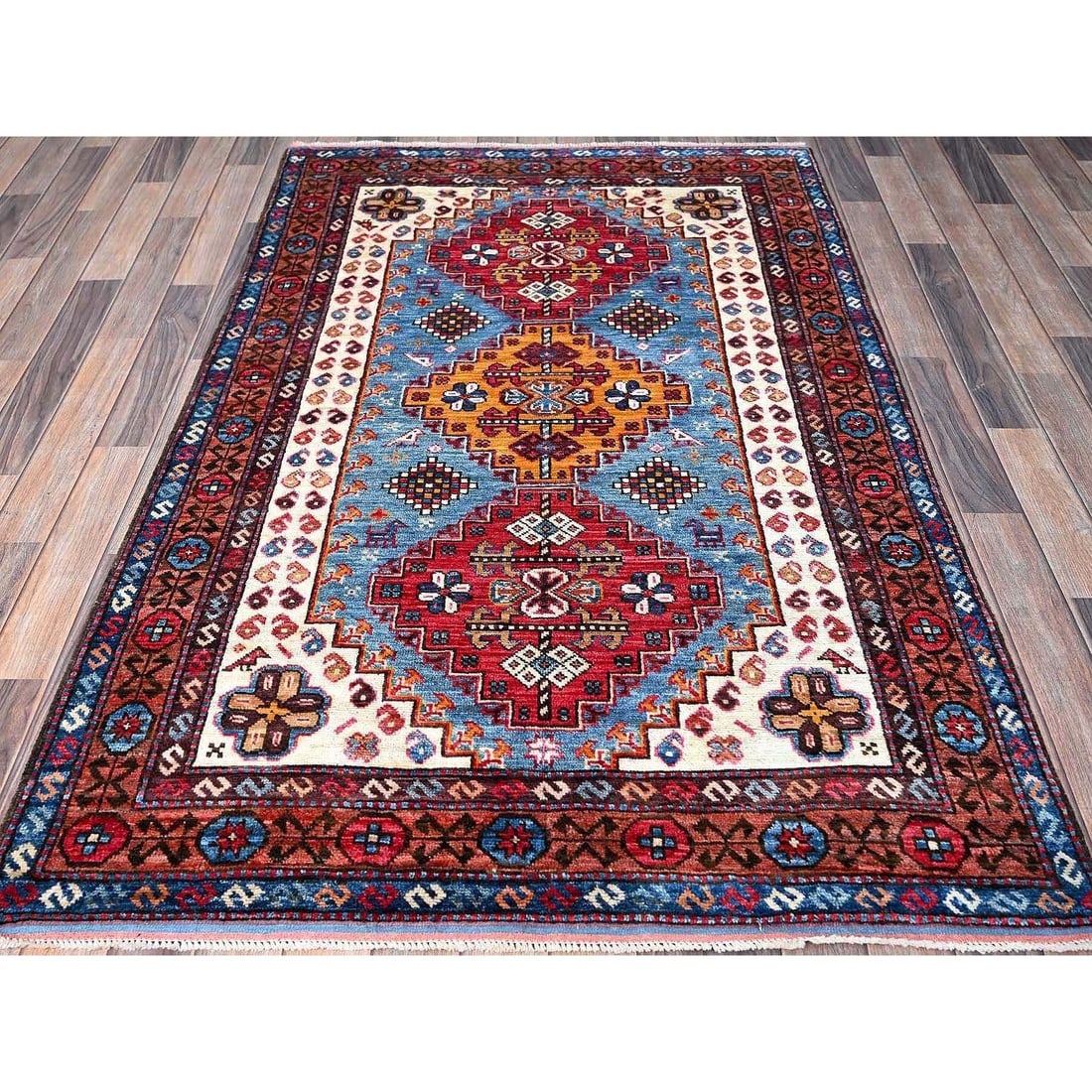 Blue Afghan Ersari with Caucasian Design Revival Hand Knotted Wool Rug - 2