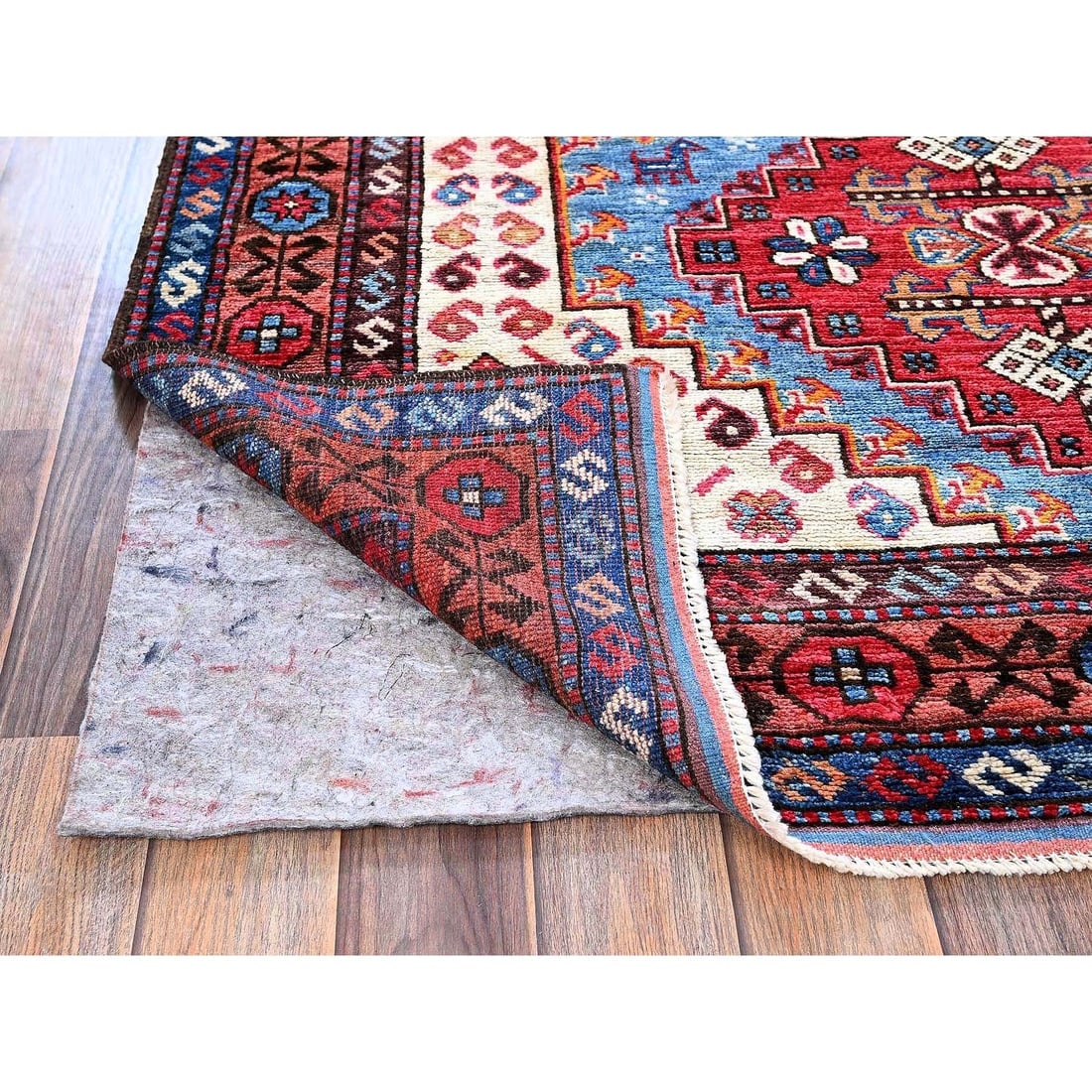 Blue Afghan Ersari with Caucasian Design Revival Hand Knotted Wool Rug - 3