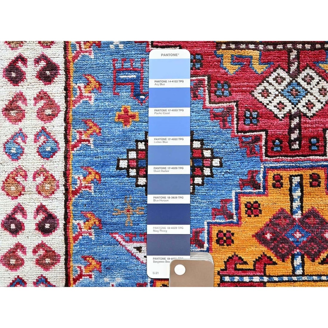 Blue Afghan Ersari with Caucasian Design Revival Hand Knotted Wool Rug - 4