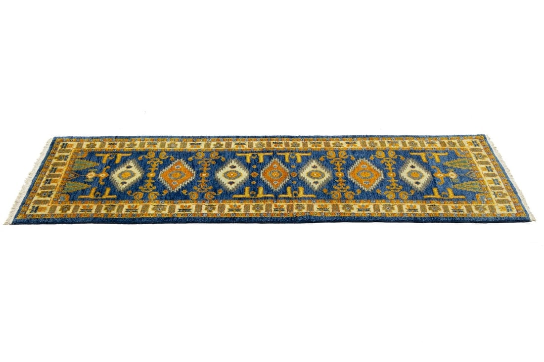 Blue Geometric 3X8 Kazak Oriental Runner Rug - 7