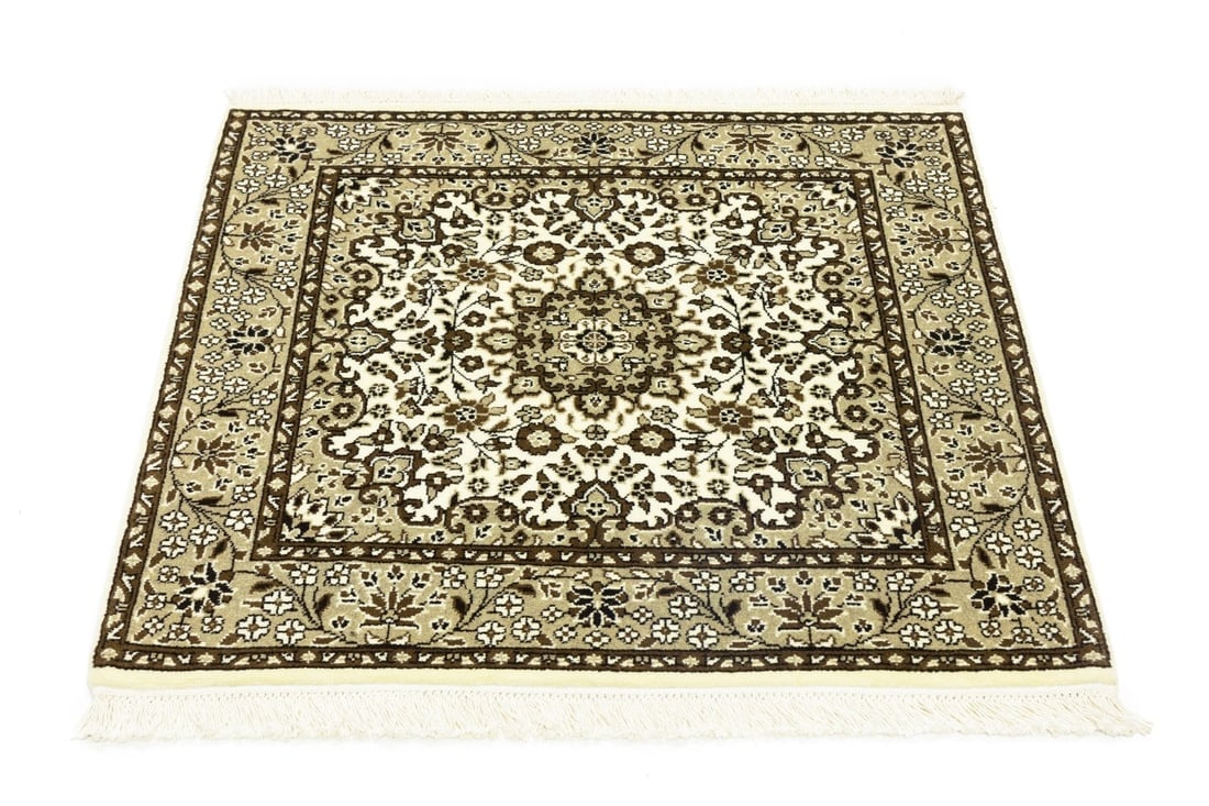 Cream Brown Floral 3X3 Kirman Oriental Square Rug - 3