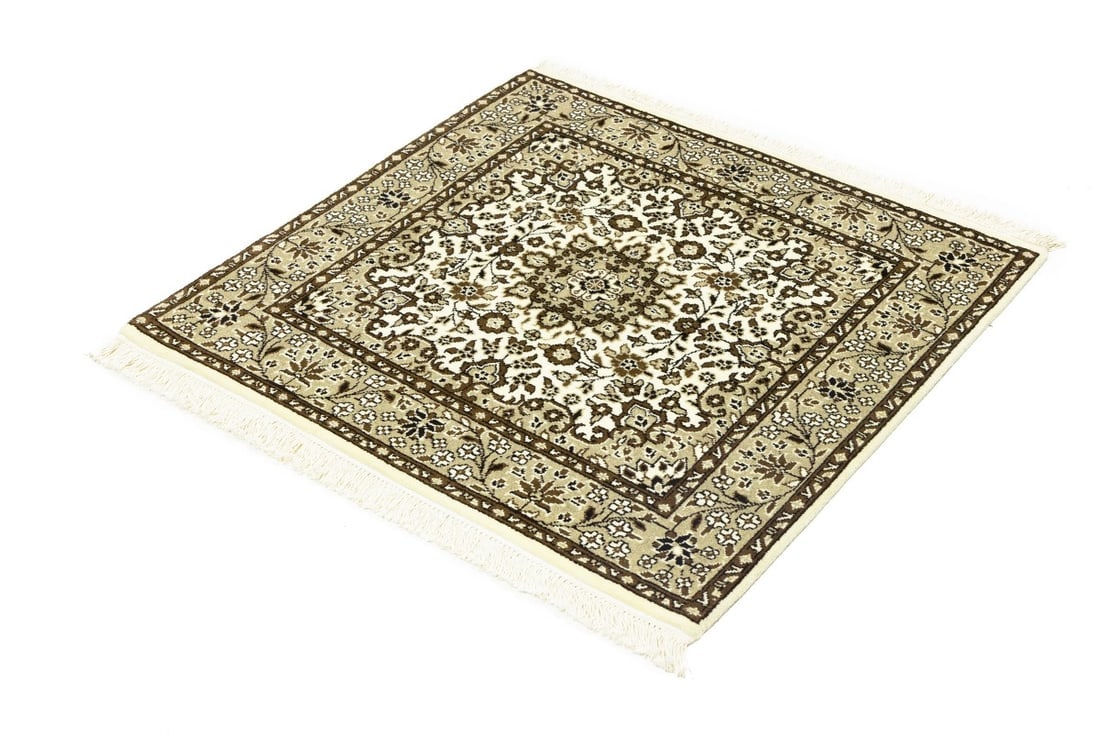 Cream Brown Floral 3X3 Kirman Oriental Square Rug - 4