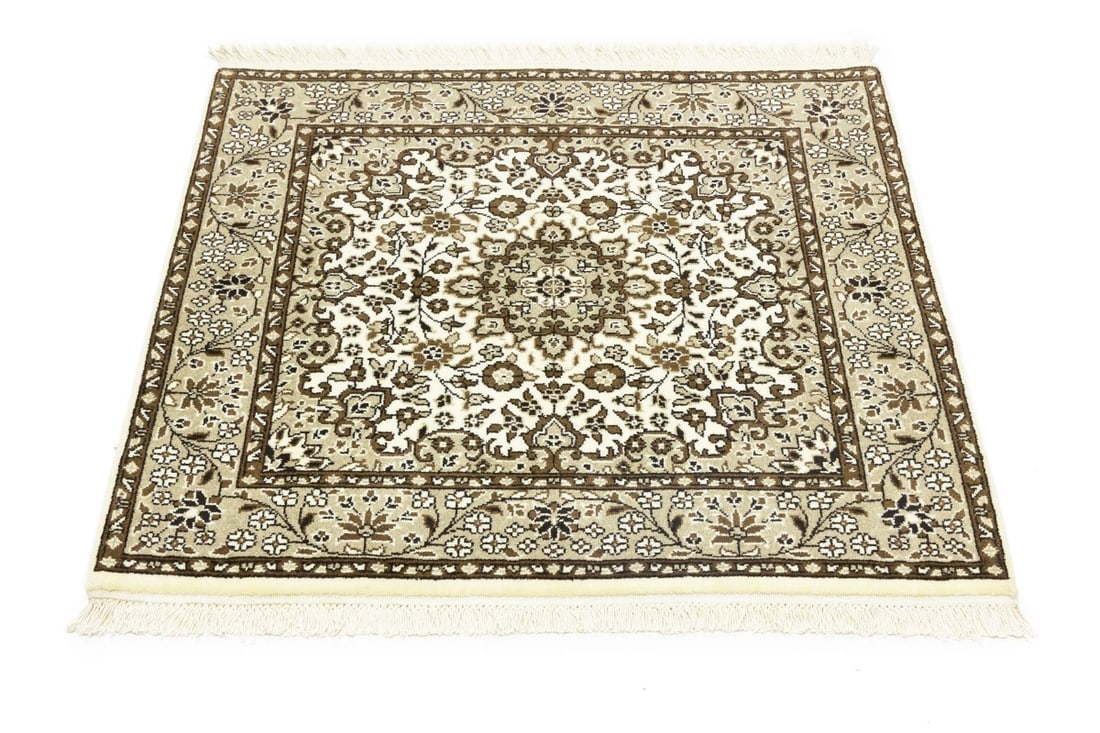 Cream Brown Floral 3X3 Kirman Oriental Square Rug - 5