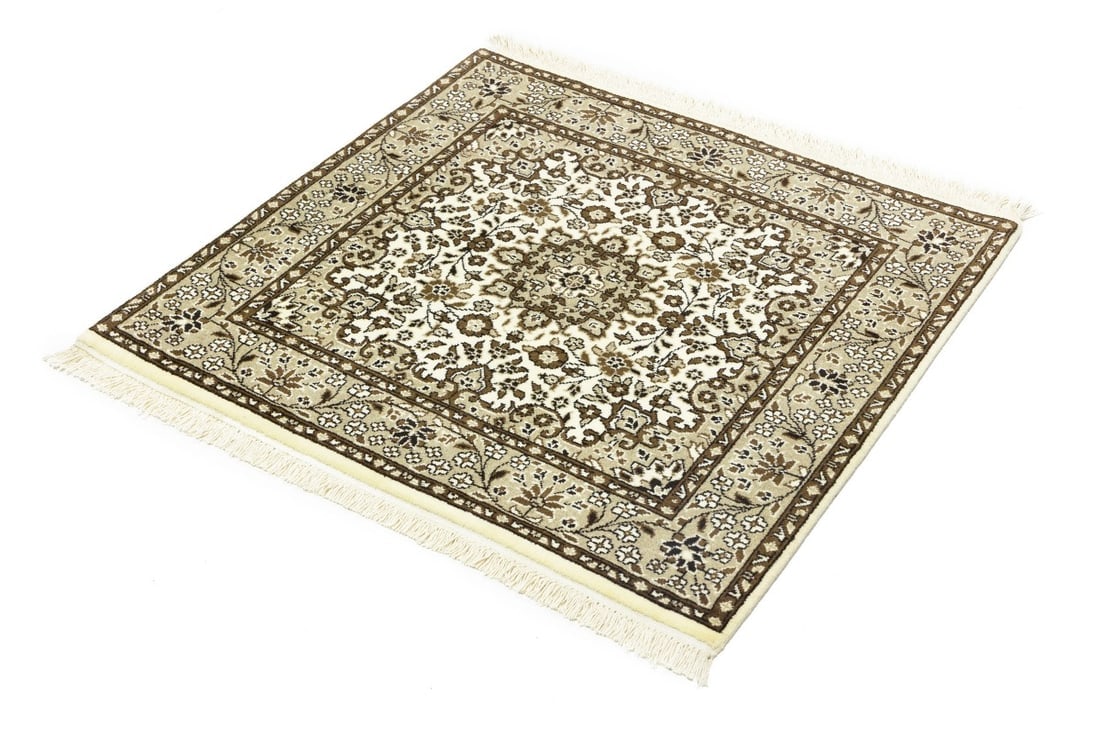 Cream Brown Floral 3X3 Kirman Oriental Square Rug - 6