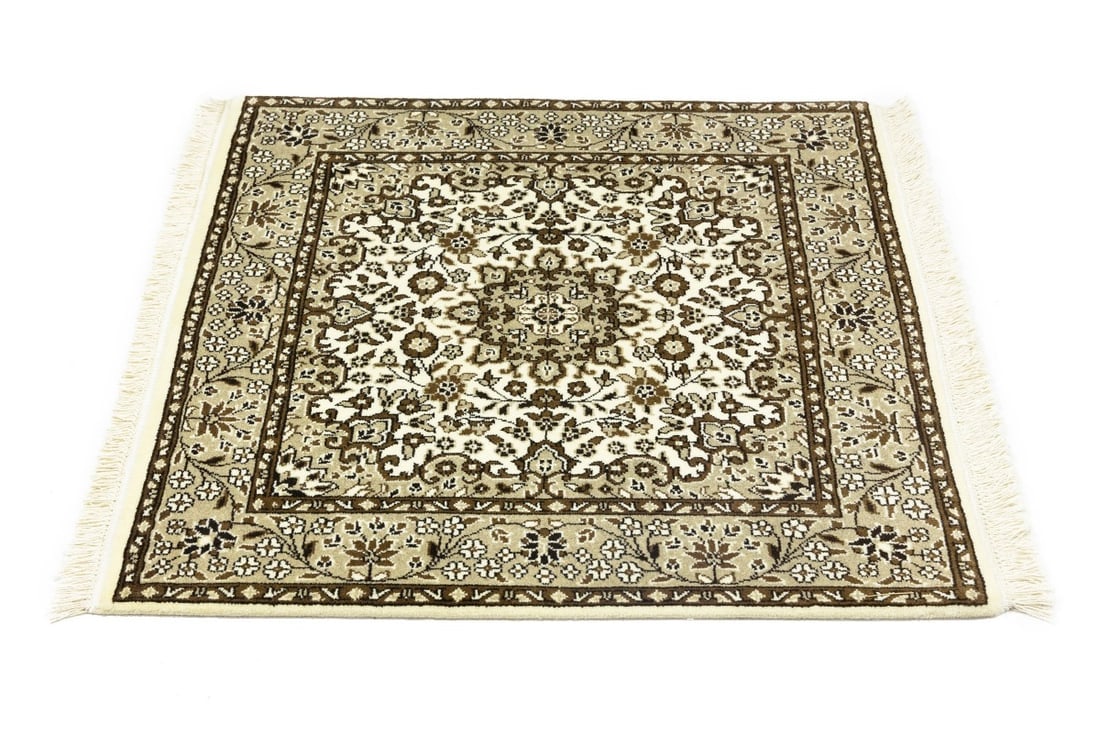 Cream Brown Floral 3X3 Kirman Oriental Square Rug - 7
