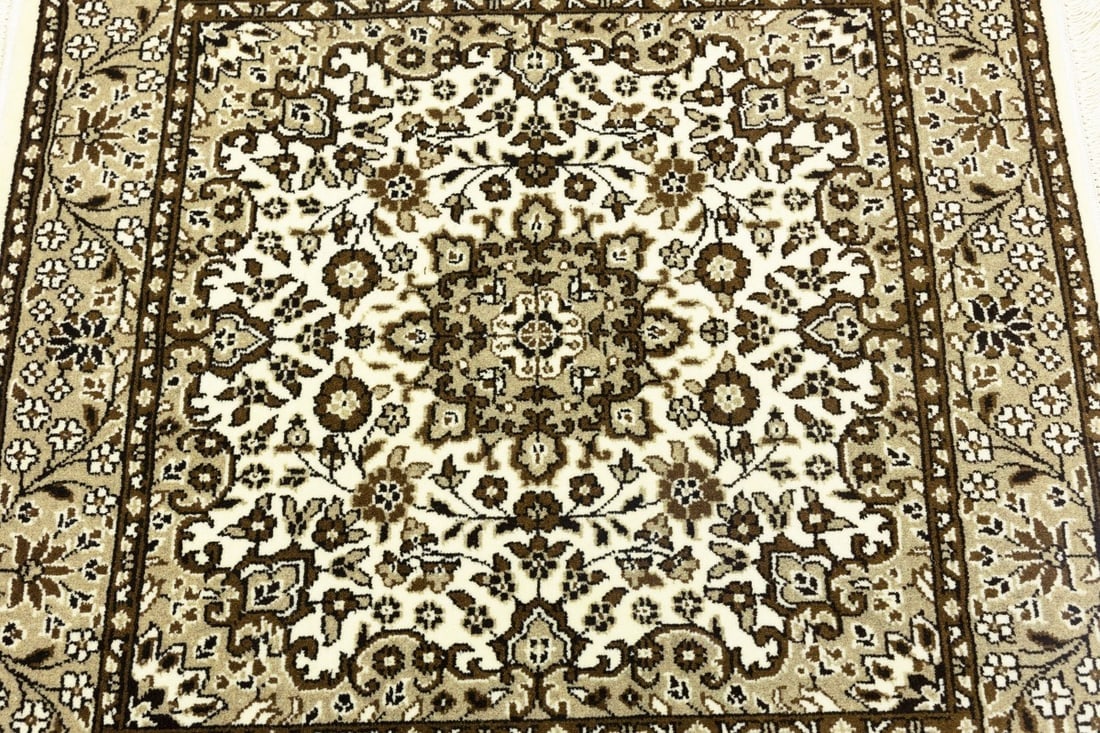 Cream Brown Floral 3X3 Kirman Oriental Square Rug - 8