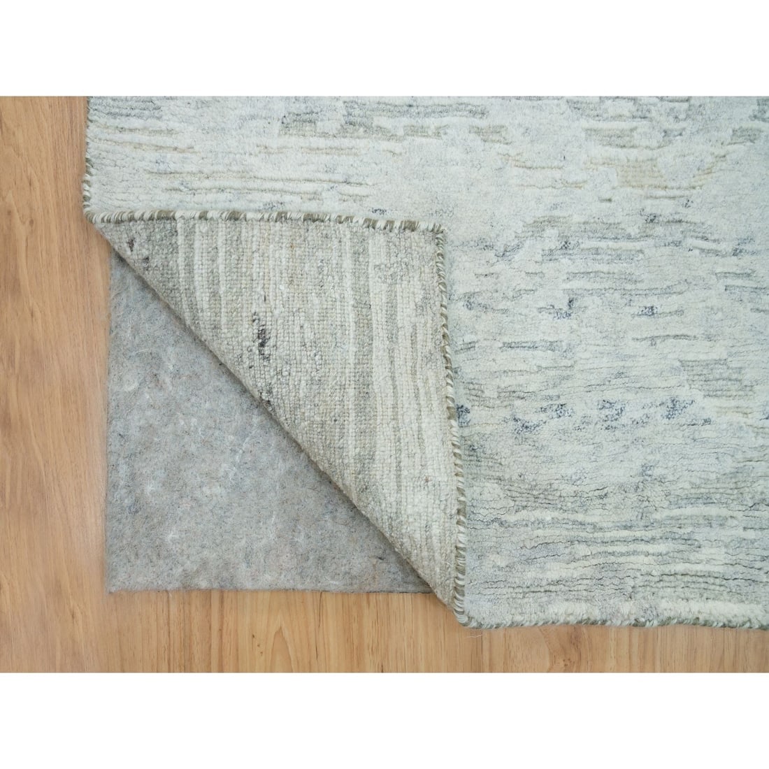 Gray, Modern Design, Hand Spun Undyed Natural Wool, Hand Knotted Rug - 3