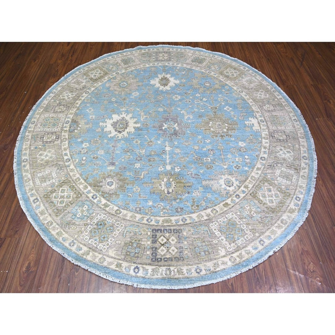 Blue Mahal Design Hand Knotted Pure Wool Round Oriental Rug - 2