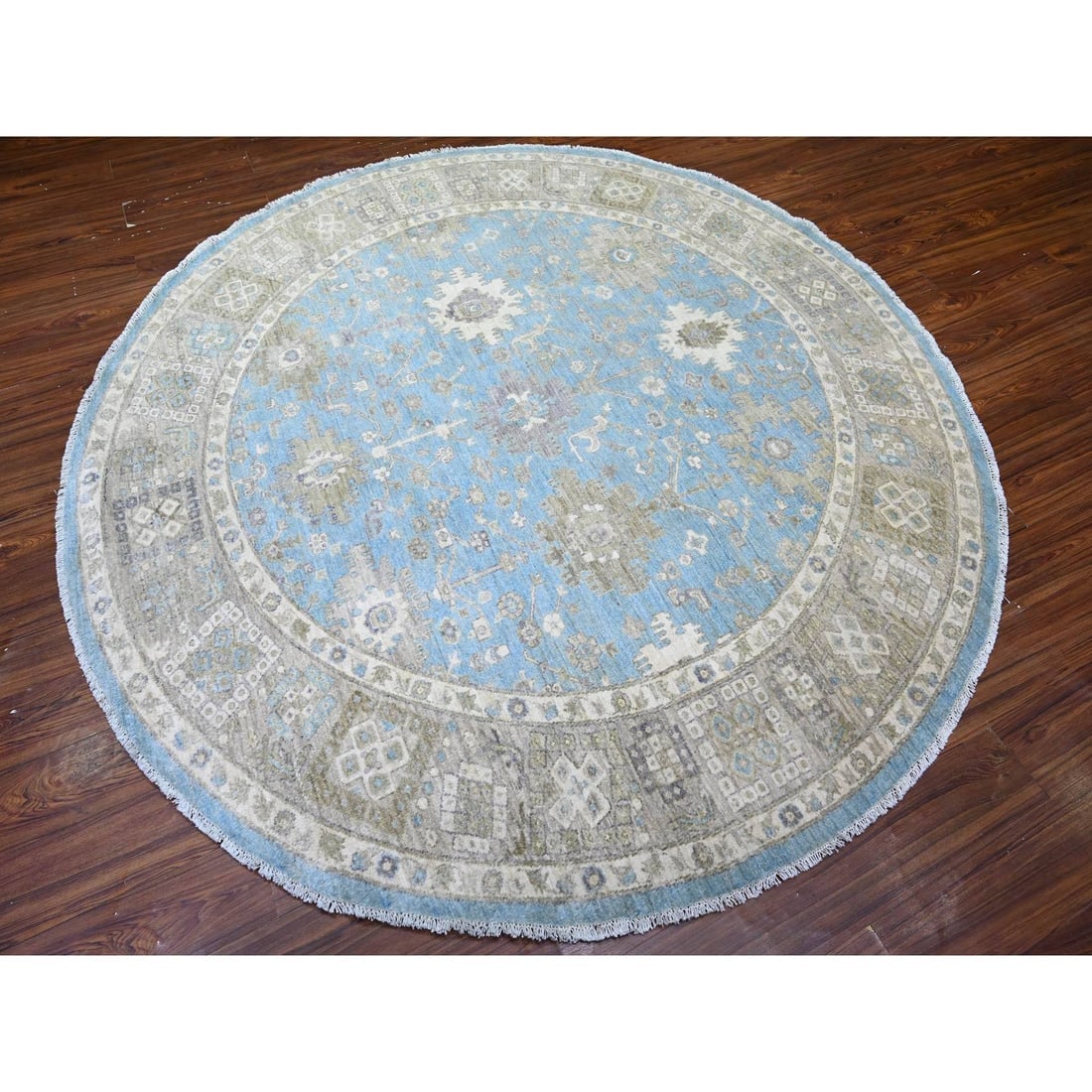 Blue Mahal Design Hand Knotted Pure Wool Round Oriental Rug - 3