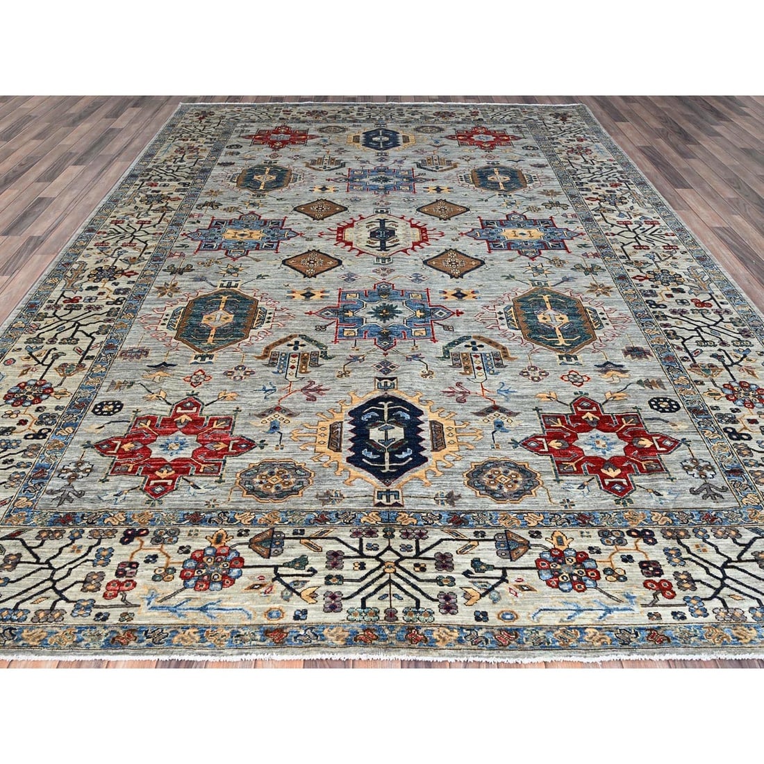 Gray Super Wool Kazak Medallions Pattern Hand Knotted Oriental Rug - 2