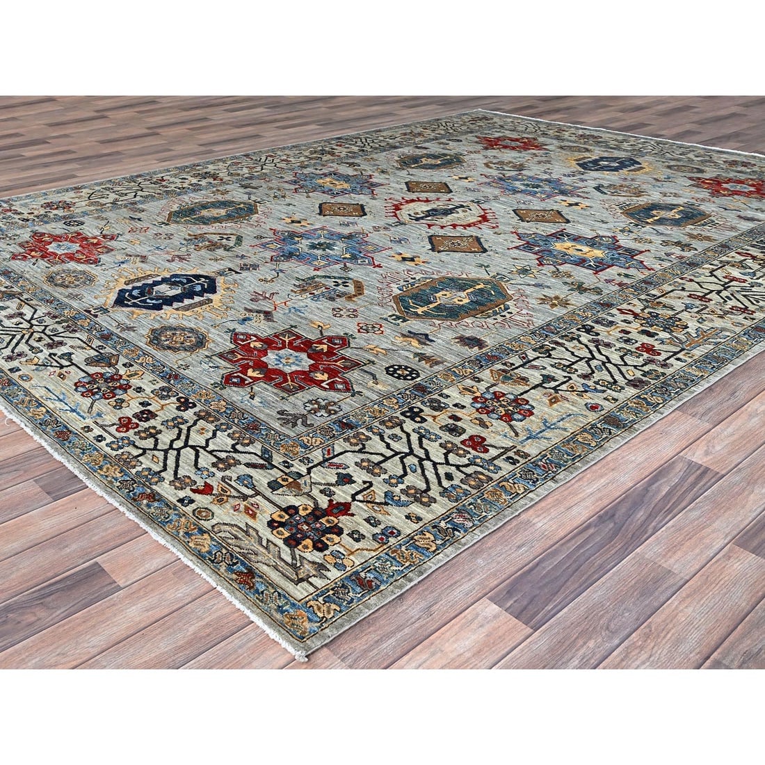 Gray Super Wool Kazak Medallions Pattern Hand Knotted Oriental Rug - 3
