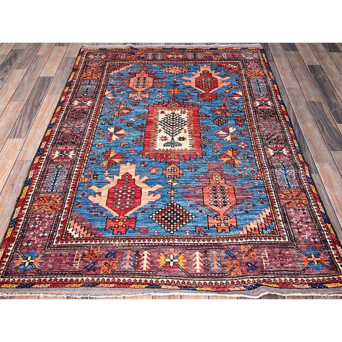Maya Blue Afghan Ersari Caucasian Design Revival Hand Knotted Wool Rug - 2