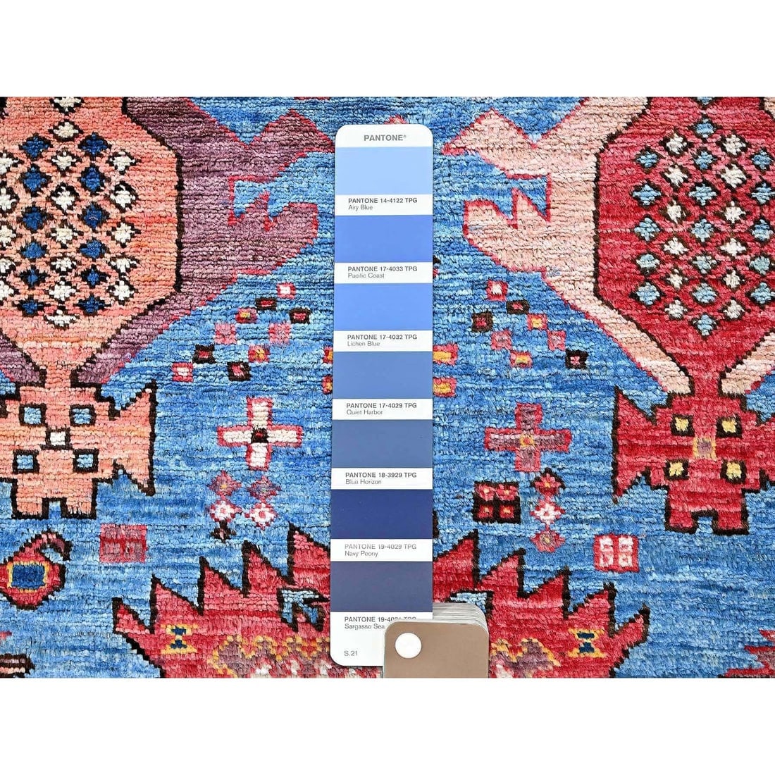 Maya Blue Afghan Ersari Caucasian Design Revival Hand Knotted Wool Rug - 4