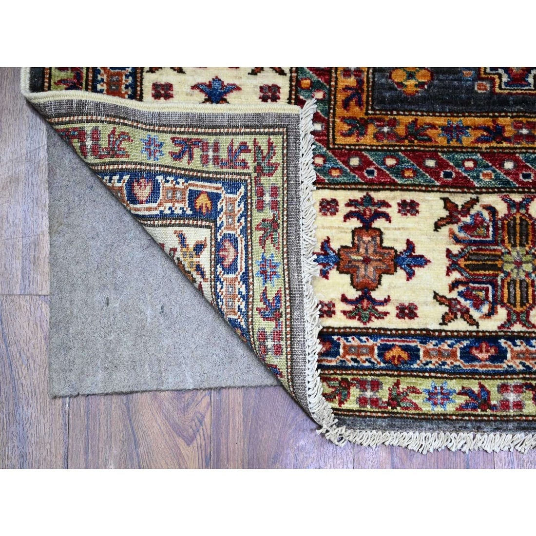 Slate Gray Afghan Kazak Geometric Medallions Wool Hand Knotted Rug - 2