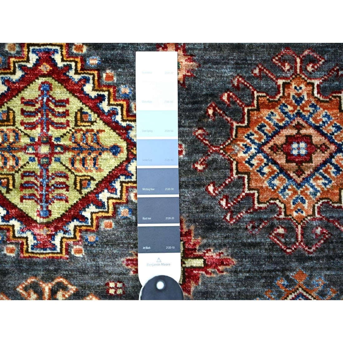 Slate Gray Afghan Kazak Geometric Medallions Wool Hand Knotted Rug - 3