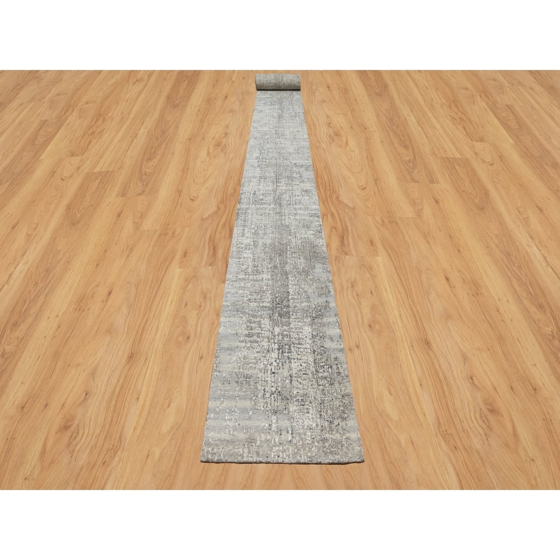 Gray, Undyed Natural Wool, Hand Knotted, Modern Design, XL Runner Rug - 2
