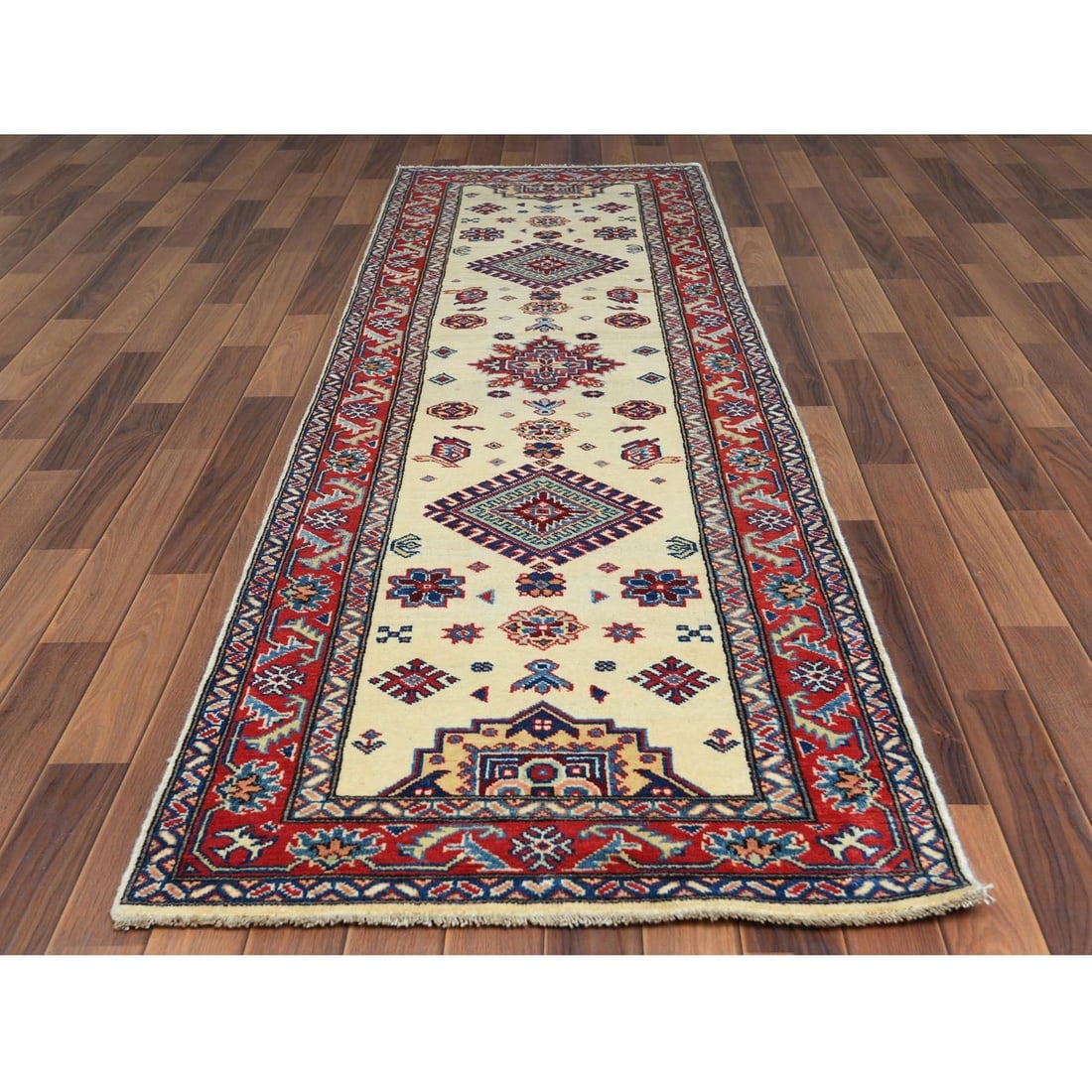Ivory Geometric Design Special Kazak Hand Knotted Wool Oriental Rug - 2