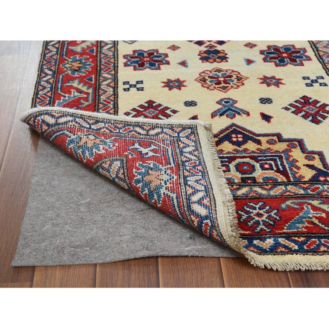 Ivory Geometric Design Special Kazak Hand Knotted Wool Oriental Rug - 3
